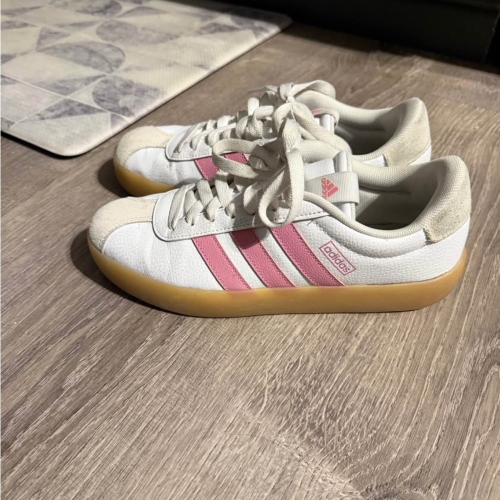 Adidas White and Pink Trainers with Gum Sole